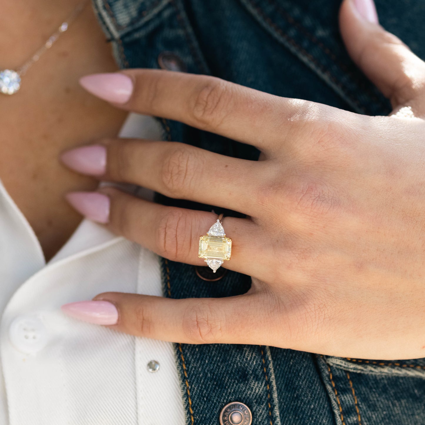 5.86 Ct Fancy Yellow Lab Grown Emerald Three Stone Engagement Ring - Helodia Jewelry