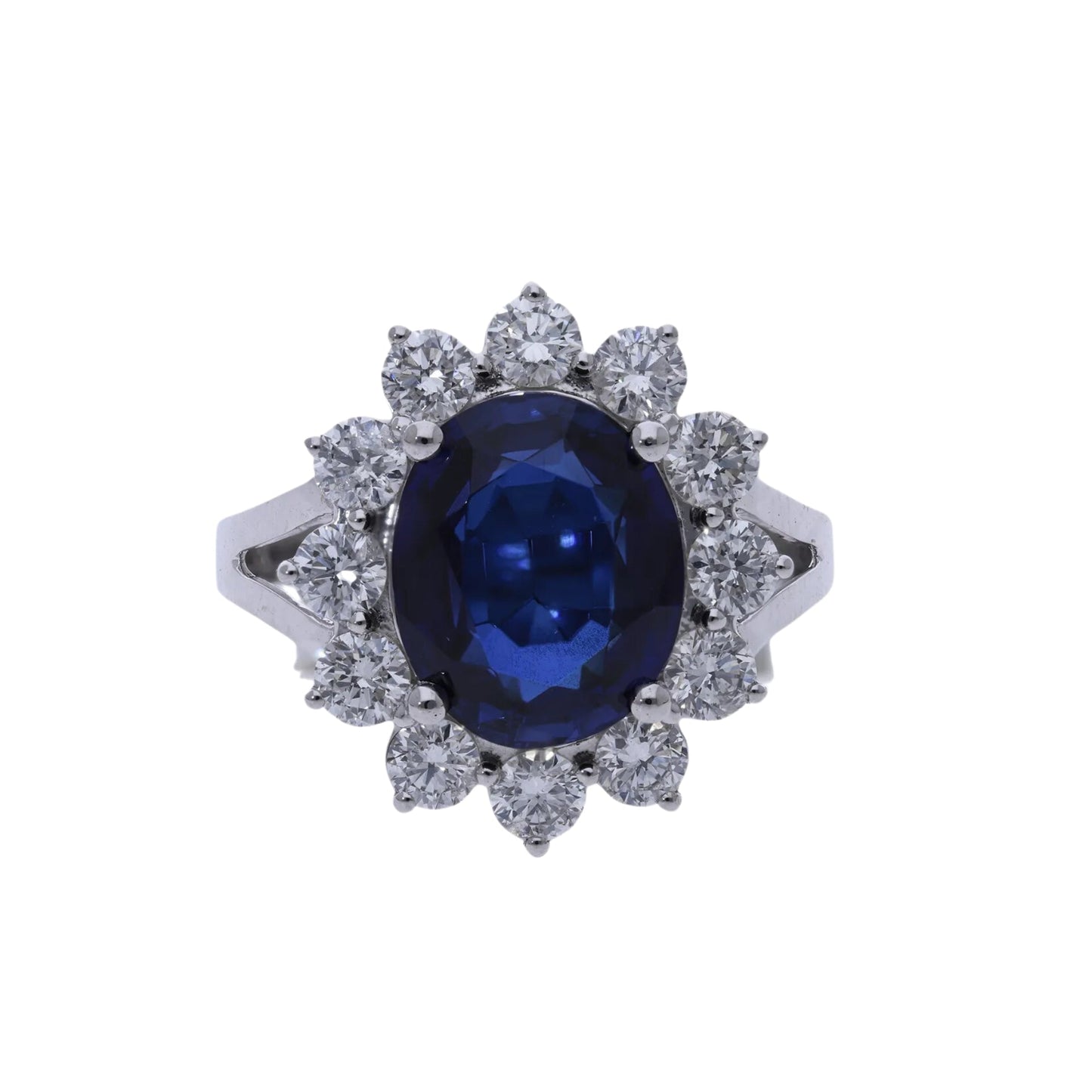 5.93 Ct Oval Cut Blue Sapphire with Natural Diamond Flower Ring - Helodia Jewelry