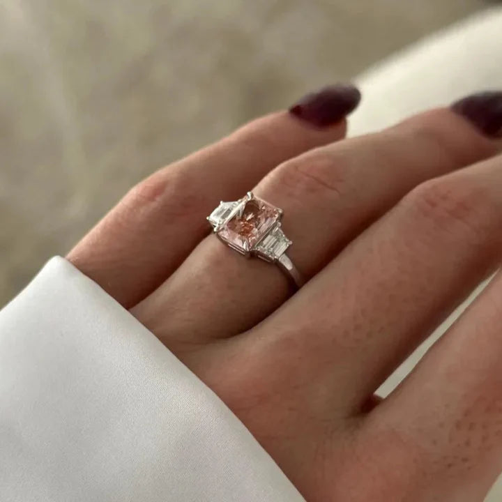 3.84 Ct Fancy Color Radiant Cut Lab Grown Diamond Three Stone Ring - Helodia Jewelry