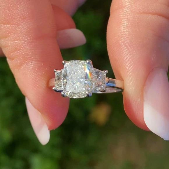 3.62 Ct Cushion Cut Lab Grown Diamond Three Stone Engagement Ring - Helodia Jewelry