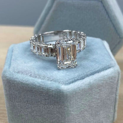 8.73 Ct Lab Grown Emerald Cut with Baguette Side Stones Diamond Engagement Ring - Helodia Jewelry