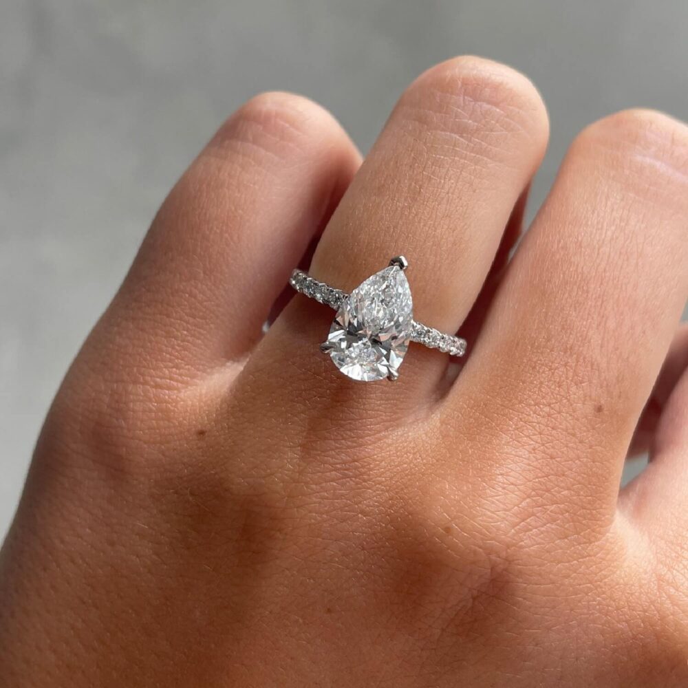 3.50 Ct Lab Grown Pear Cut Pavé Diamond with Hidden Halo Engagement Ring - Helodia Jewelry