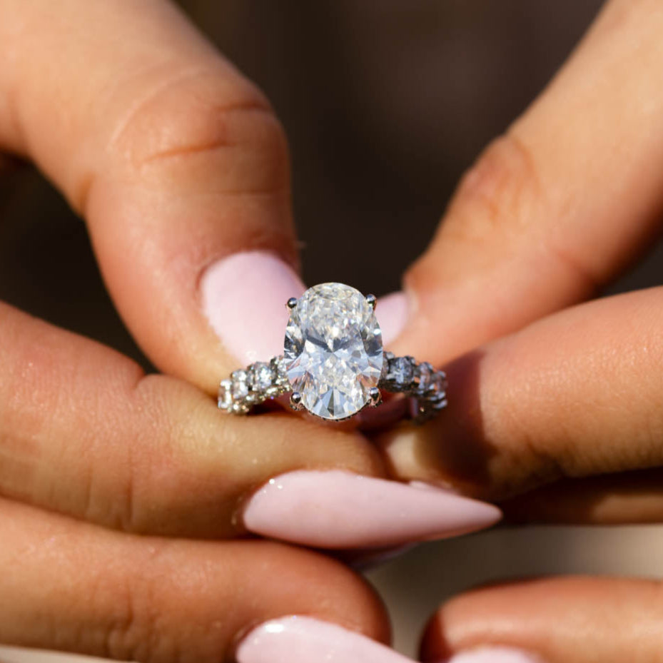 6.89 Ct Lab Grown Oval Cut Diamond with Hidden Halo & Side Stones Engagement Ring - Helodia Jewelry