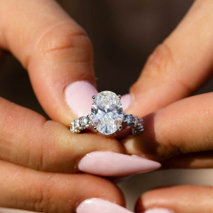 6.89 Ct Lab Grown Oval Cut Diamond with Hidden Halo & Side Stones Engagement Ring - Helodia Jewelry