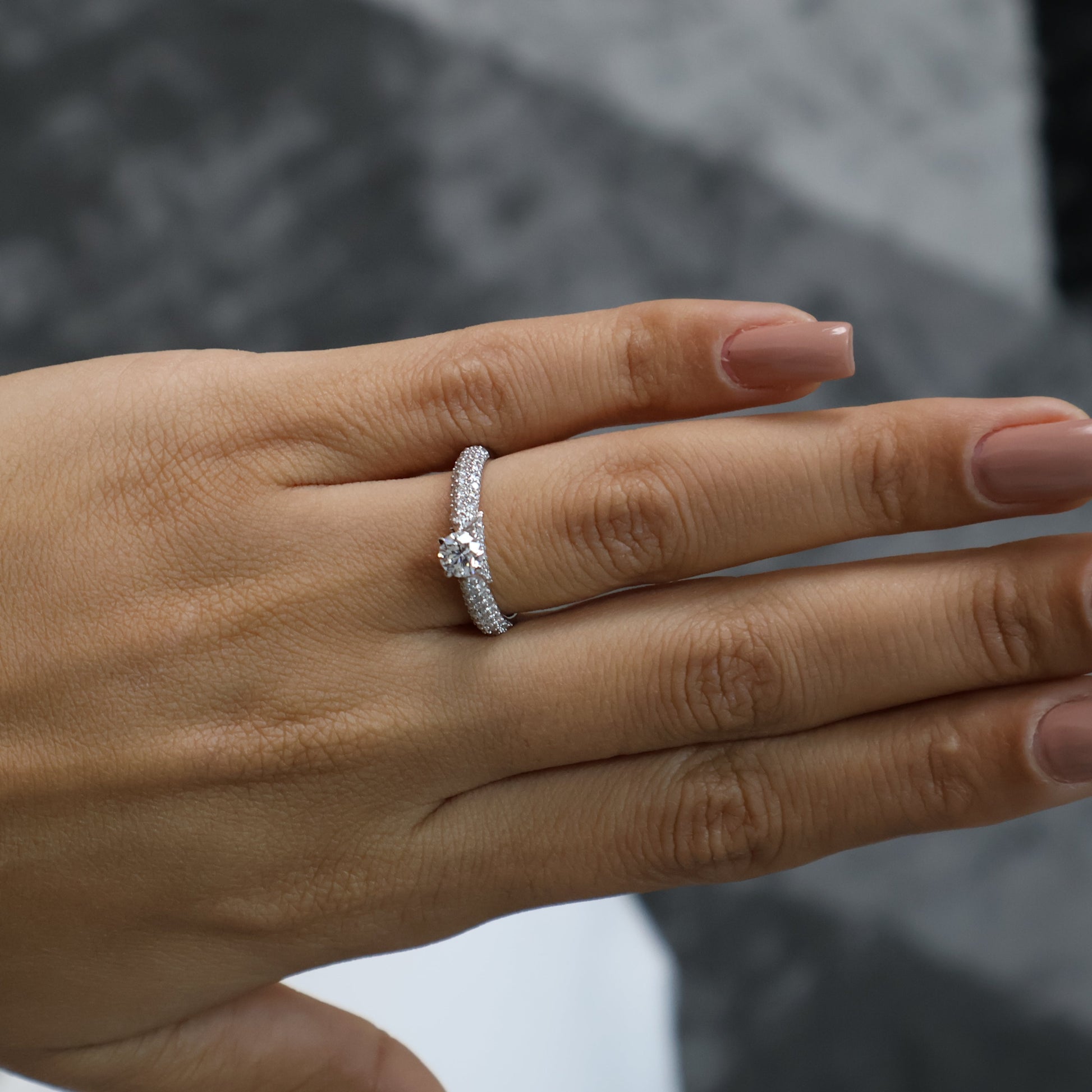 1.22 Ct Natural Brilliant Cut Diamond with Pavé Side Stones Engagement Ring - Helodia Jewelry