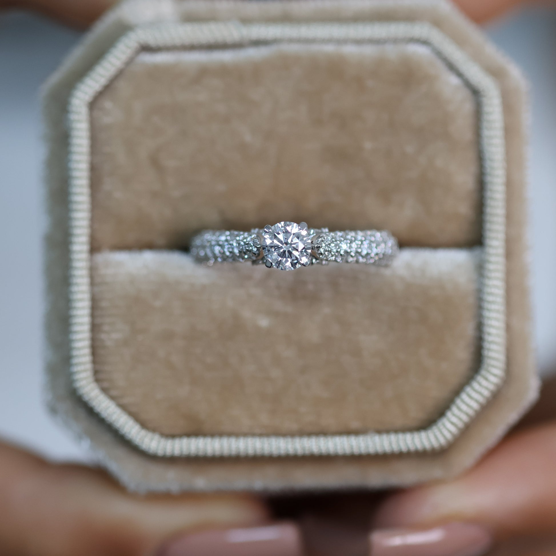 1.22 Ct Natural Brilliant Cut Diamond with Pavé Side Stones Engagement Ring - Helodia Jewelry