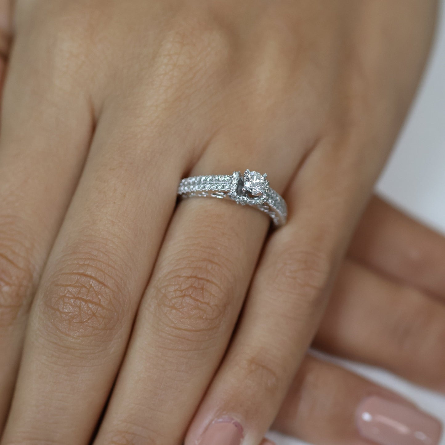 0.80 Ct Natural Brilliant Cut Diamond with Pavé Side Stones Engagement Ring