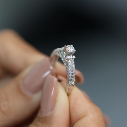 0.80 Ct Natural Brilliant Cut Diamond with Pavé Side Stones Engagement Ring