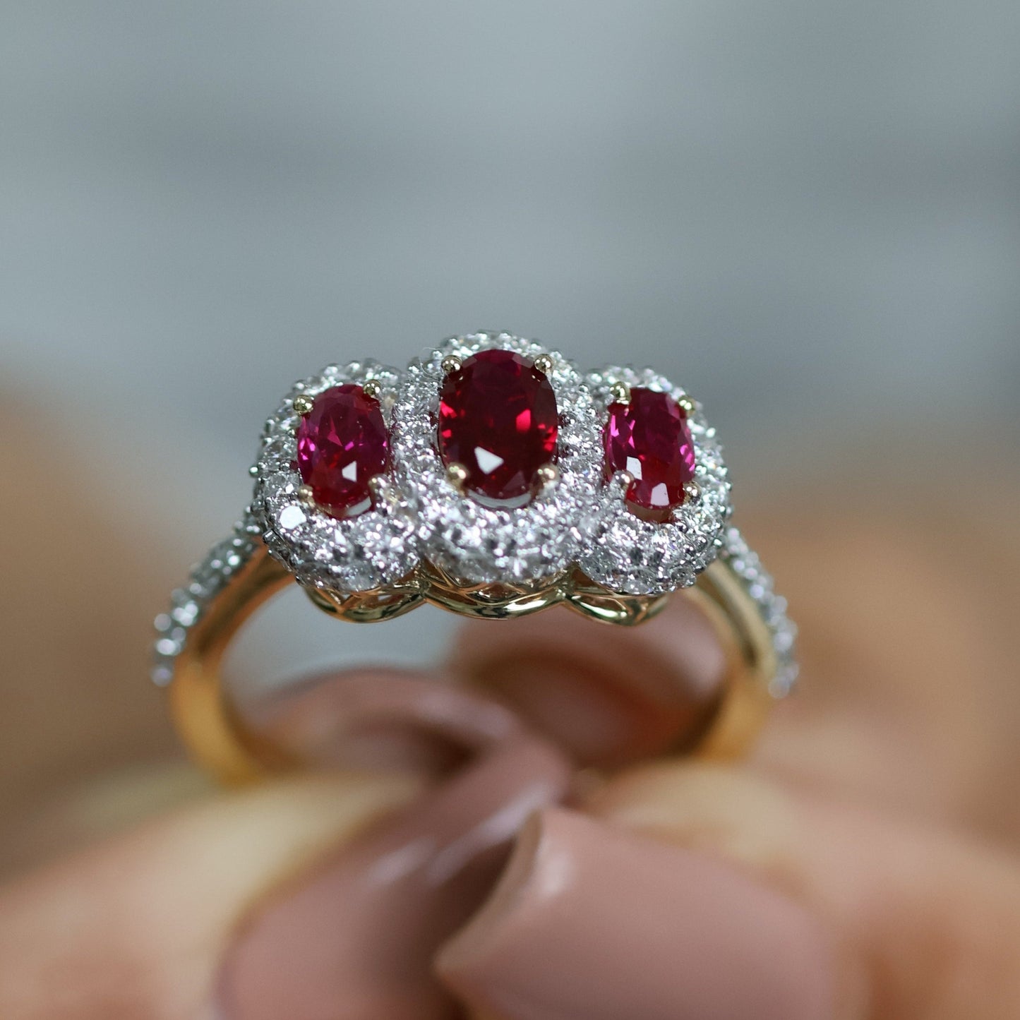 1.06 Ct Oval Shaped Ruby Stones with Natural Diamond Halo Ring - Helodia Jewelry