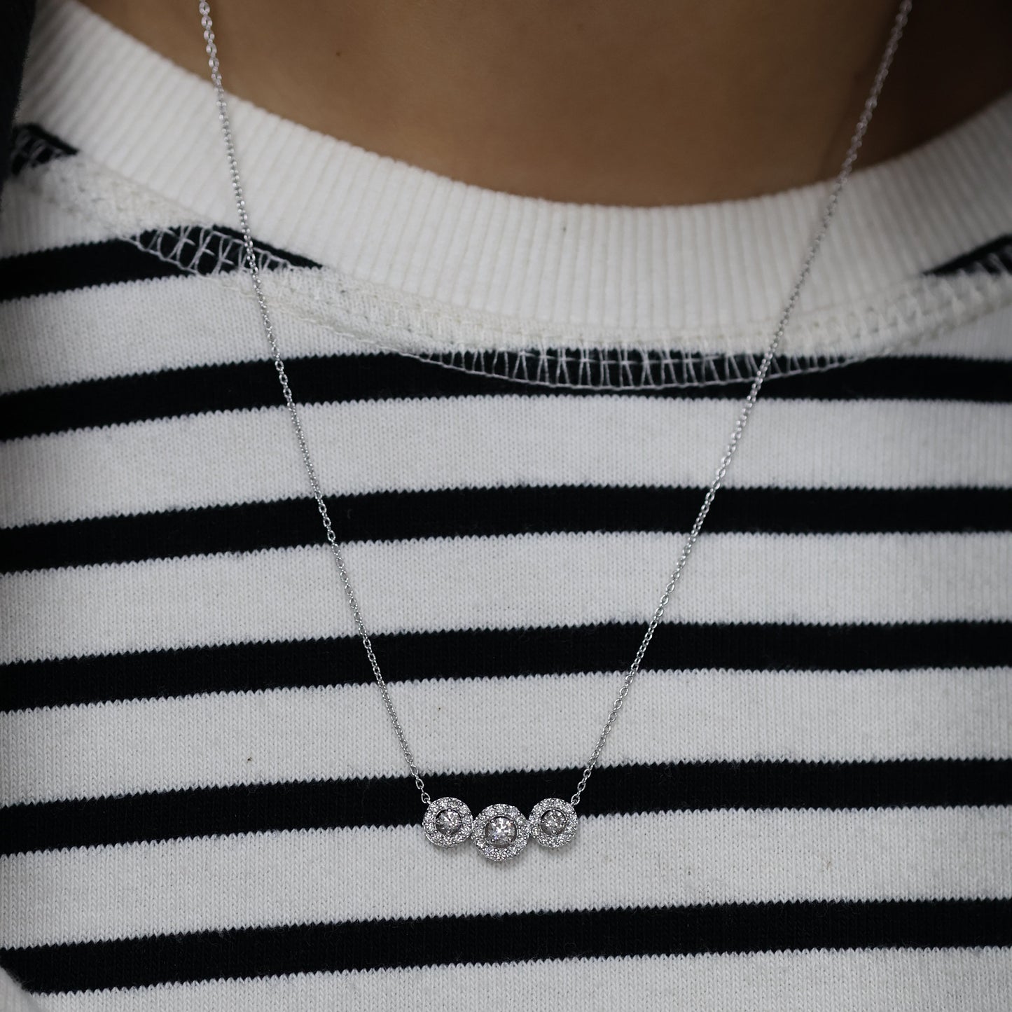 0.64 Ct Natural Three Round Brilliant Cut Halo Necklace