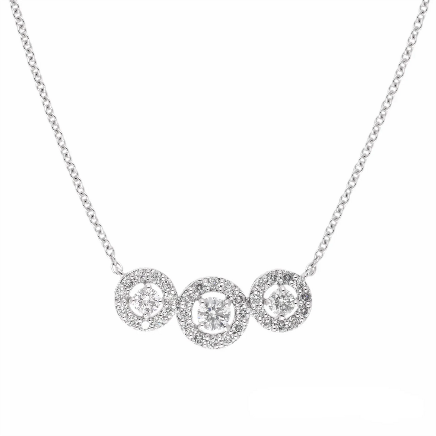 0.64 Ct Natural Three Round Brilliant Cut Halo Necklace