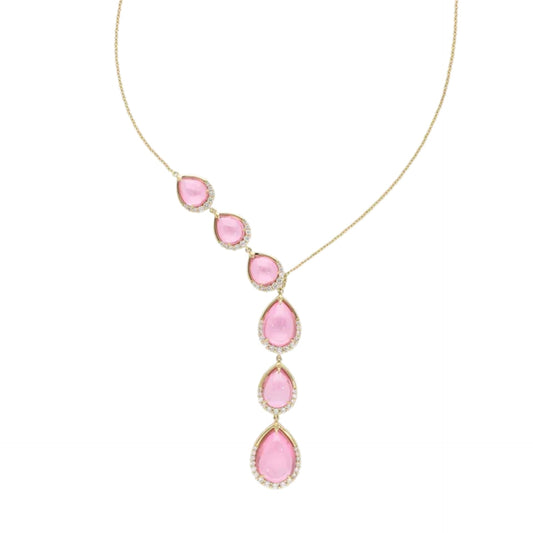 56 Ct Rose Quartz with Natural Diamond Lariat Necklace