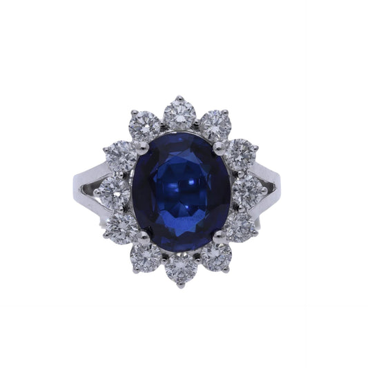 5.93 Ct Oval Cut Blue Sapphire with Natural Diamond Flower Ring - Helodia Jewelry