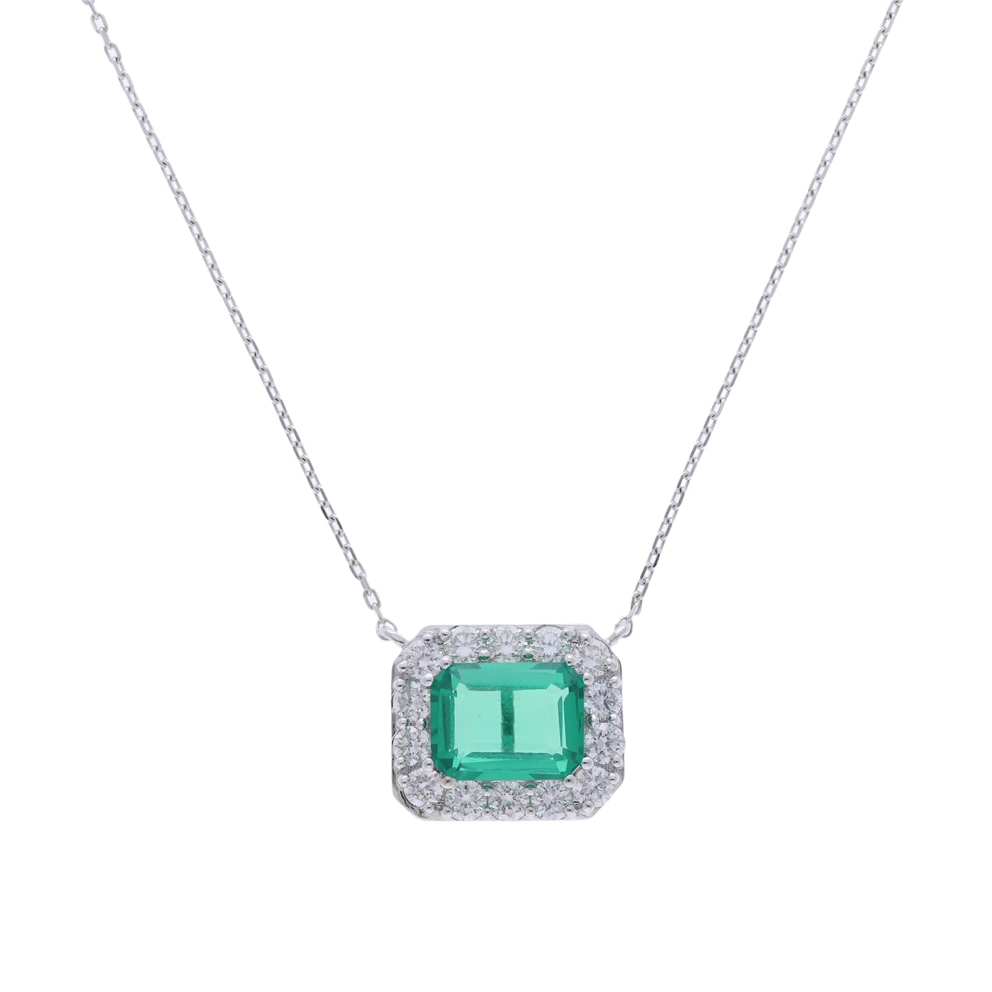 2.35 Ct Lab Emerald Gemstone with Natural Diamond Halo Necklace