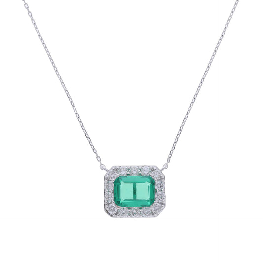 2.35 Ct Lab Emerald Gemstone with Natural Diamond Halo Necklace
