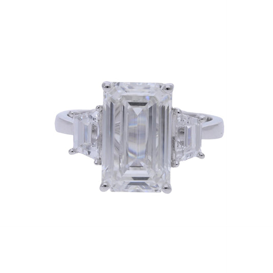 5.87 Ct Lab Grown Emerald Cut Diamond Three Stone Engagement Ring - Helodia Jewelry
