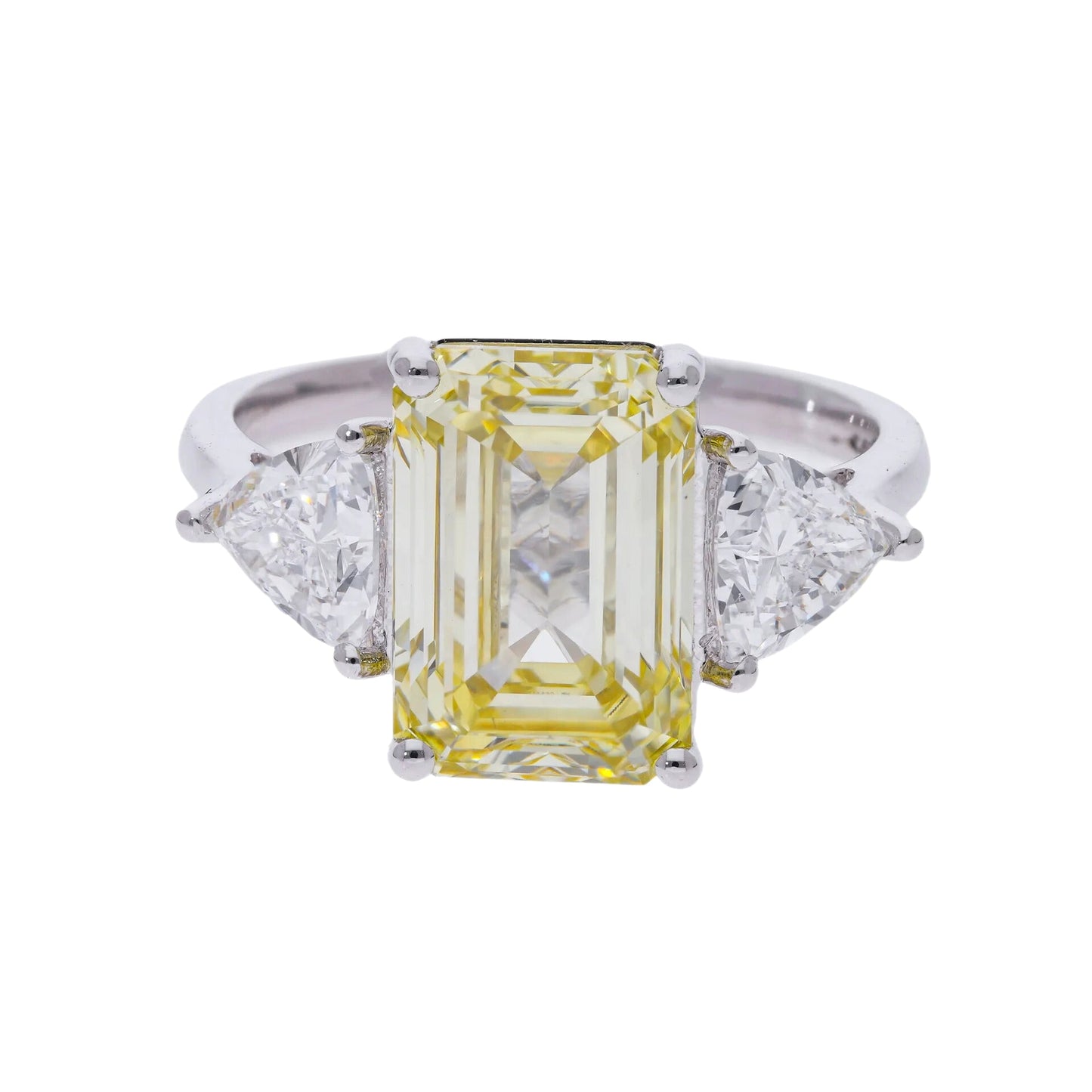5.86 Ct Fancy Yellow Lab Grown Emerald Three Stone Engagement Ring - Helodia Jewelry