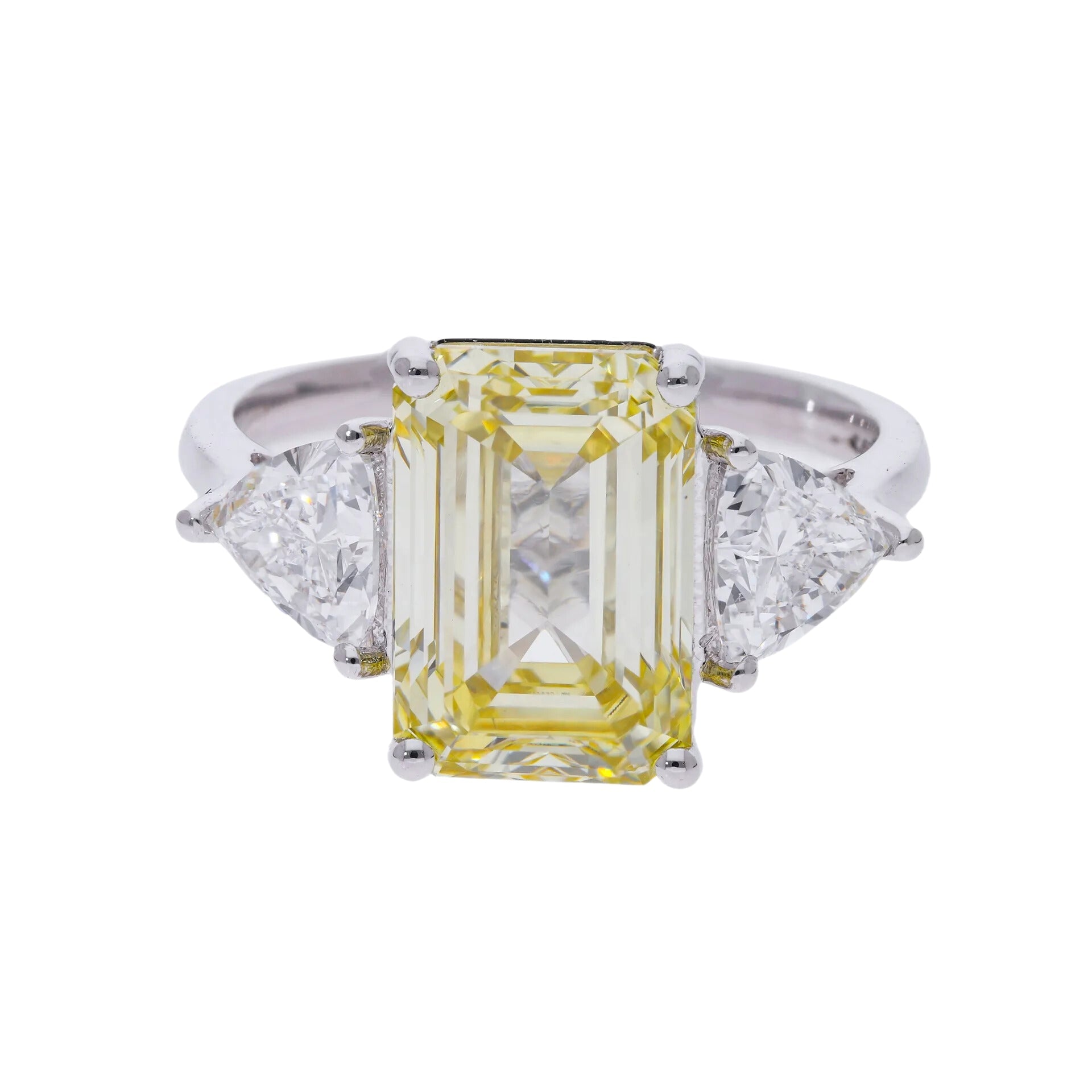 5.86 Ct Fancy Yellow Lab Grown Emerald Three Stone Engagement Ring - Helodia Jewelry