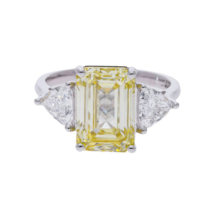5.86 Ct Fancy Yellow Lab Grown Emerald Three Stone Engagement Ring - Helodia Jewelry