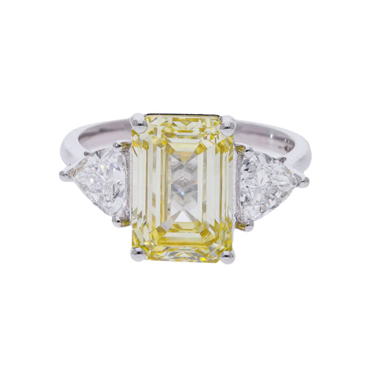 5.86 Ct Fancy Yellow Lab Grown Emerald Three Stone Engagement Ring - Helodia Jewelry