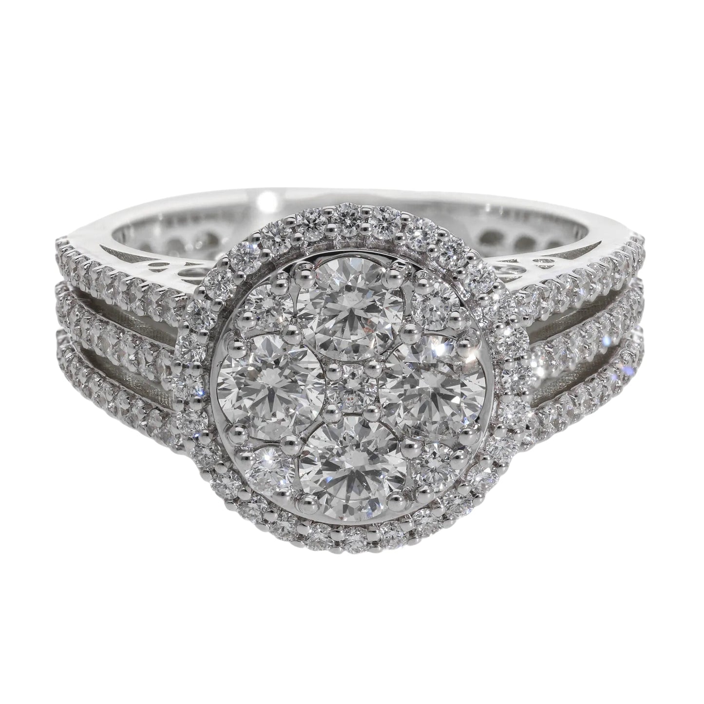 1.50 Ct Royal Natural Diamond Halo with Three Pavé Rows Ring - Helodia Jewelry