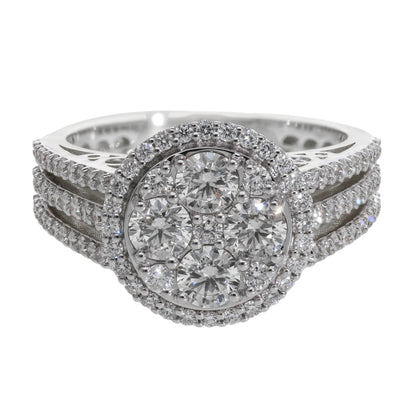 1.50 Ct Royal Natural Diamond Halo with Three Pavé Rows Ring - Helodia Jewelry