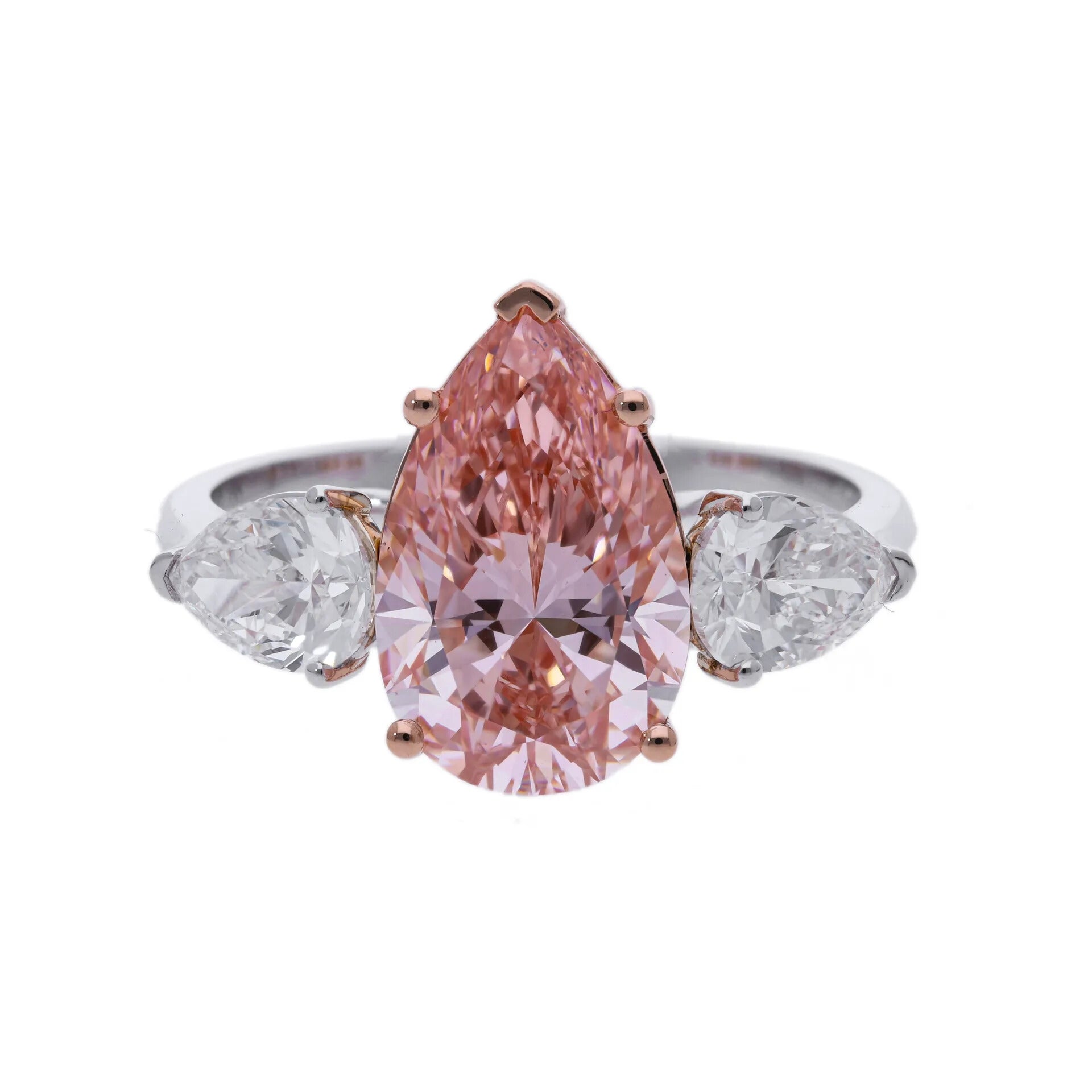 4.13 Ct Fancy Pink Lab Grown Pear Cut Diamond Three Stone Engagement Ring - Helodia Jewelry