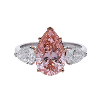 4.13 Ct Fancy Pink Lab Grown Pear Cut Diamond Three Stone Engagement Ring - Helodia Jewelry