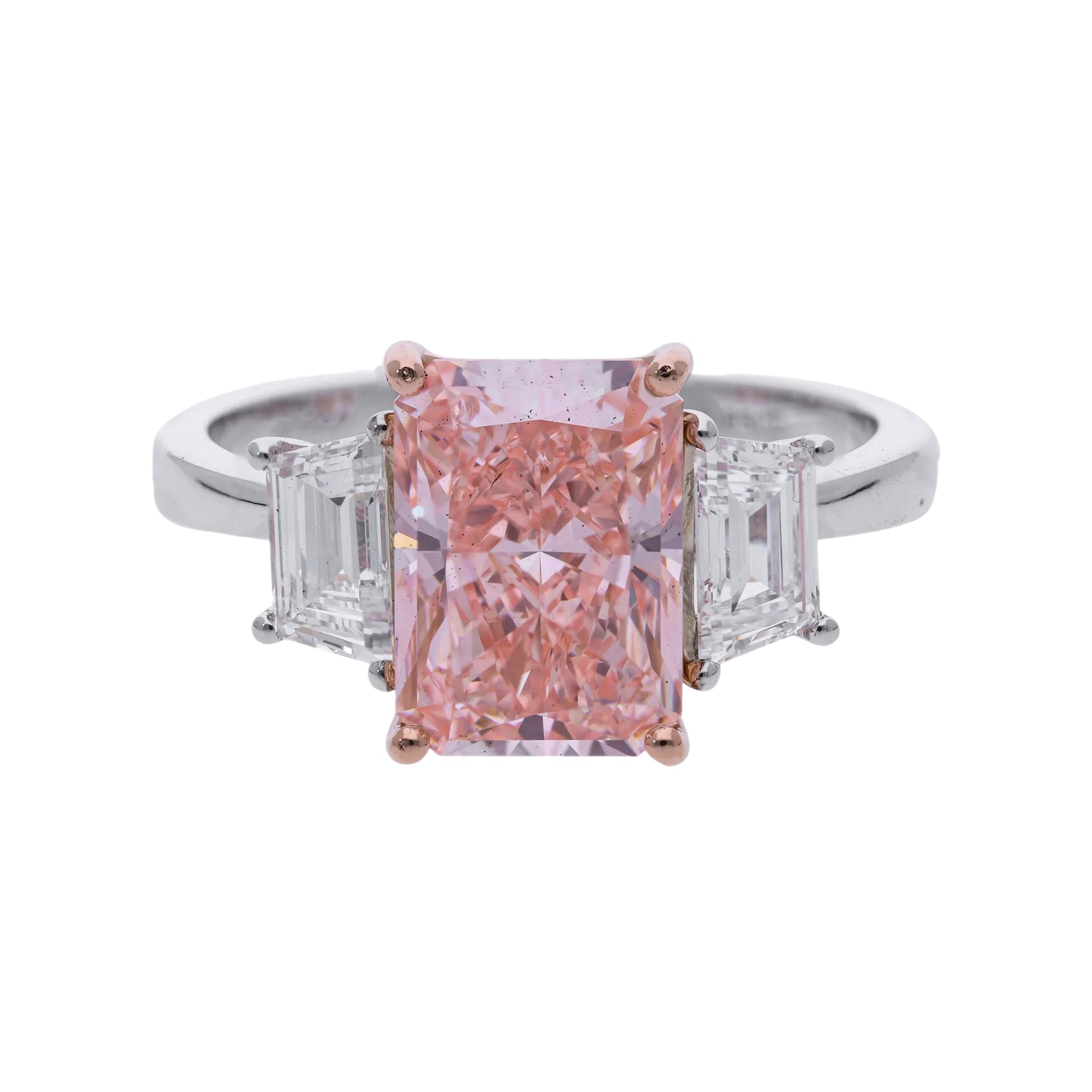 3.84 Ct Fancy Color Radiant Cut Lab Grown Diamond Three Stone Ring - Helodia Jewelry