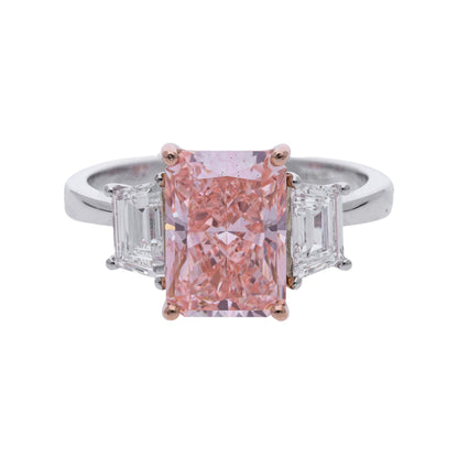 3.84 Ct Fancy Color Radiant Cut Lab Grown Diamond Three Stone Ring - Helodia Jewelry