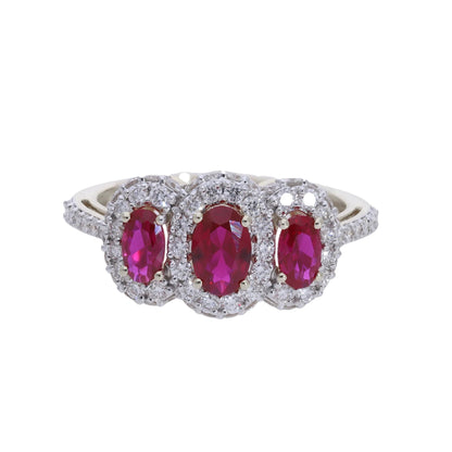 1.06 Ct Oval Shaped Ruby Stones with Natural Diamond Halo Ring - Helodia Jewelry