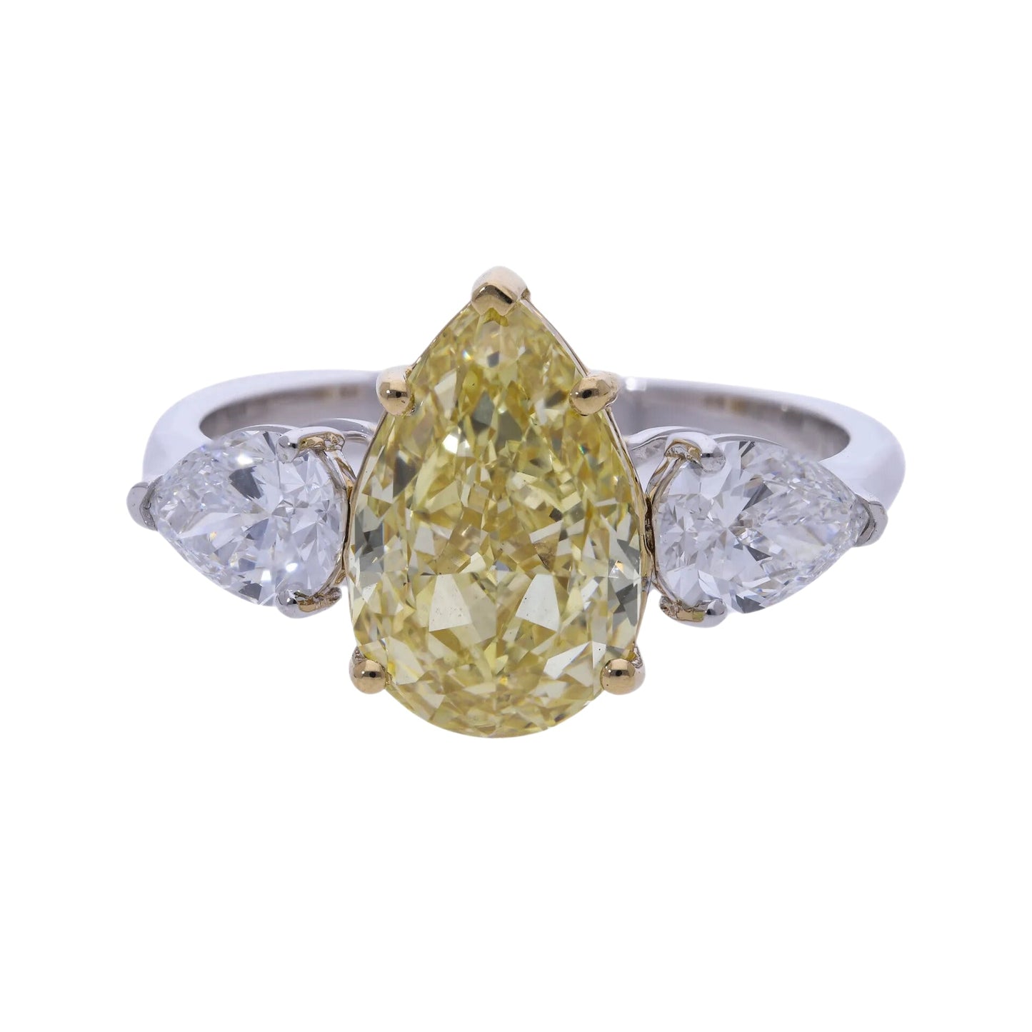 4.10 Fancy Yellow Lab Grown Pear Cut Diamond Three Stone Engagement Ring - Helodia Jewelry