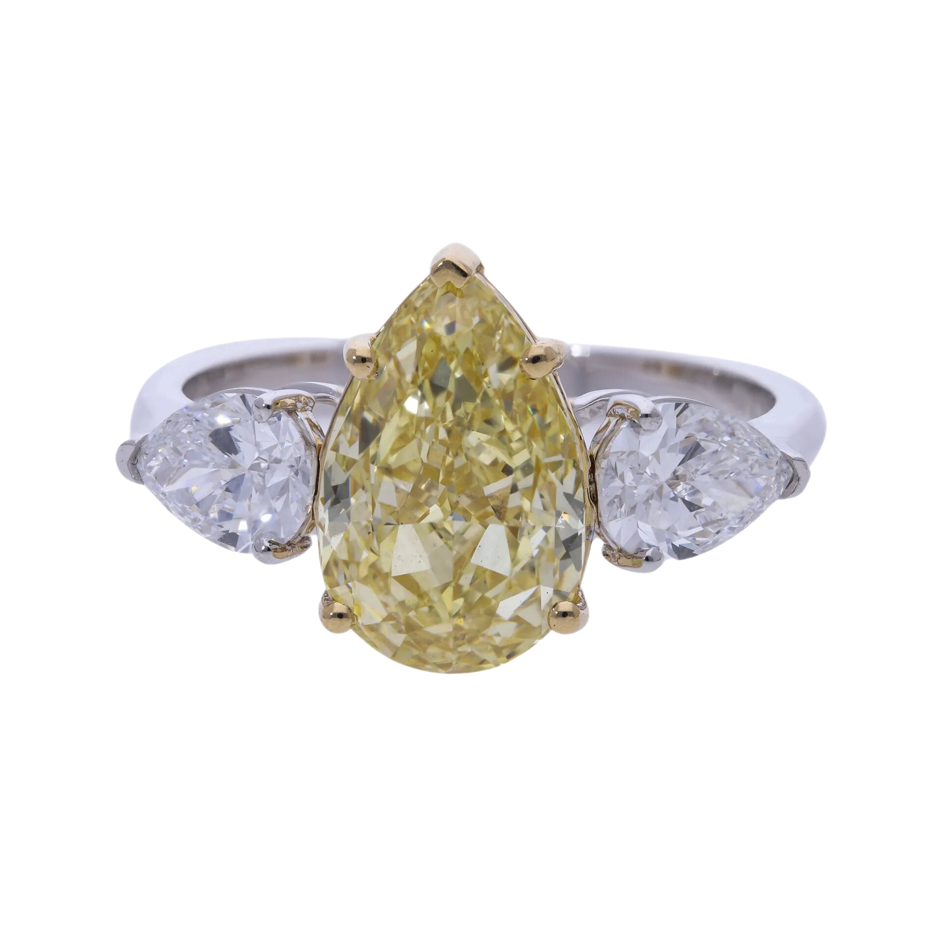 4.10 Fancy Yellow Lab Grown Pear Cut Diamond Three Stone Engagement Ring - Helodia Jewelry