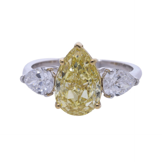4.10 Fancy Yellow Lab Grown Pear Cut Diamond Three Stone Engagement Ring - Helodia Jewelry