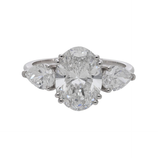 4.10 Ct Lab Grown Oval Cut Diamond Three Stone Engagement Ring - Helodia Jewelry