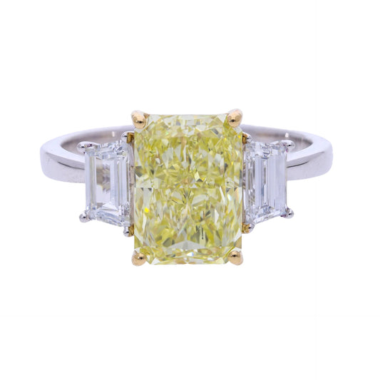 3.70 Ct Fancy Yellow Lab Grown Radiant Cut Diamond Three Stone Engagement Ring - Helodia Jewelry
