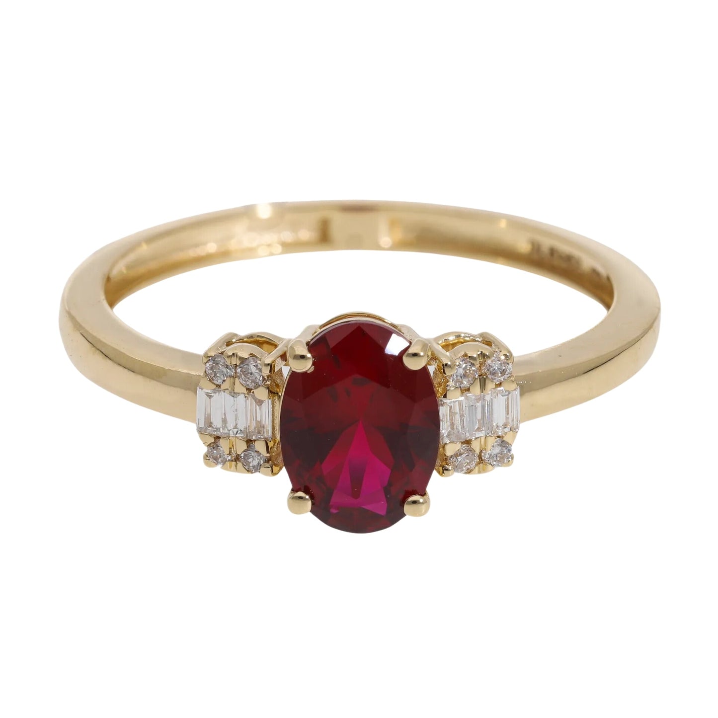 1 Ct Lab Grown Ruby Oval Cut with Baguette Side Stones Ring - Helodia Jewelry