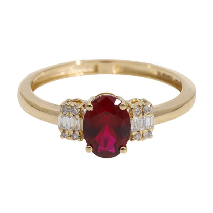 1 Ct Lab Grown Ruby Oval Cut with Baguette Side Stones Ring - Helodia Jewelry