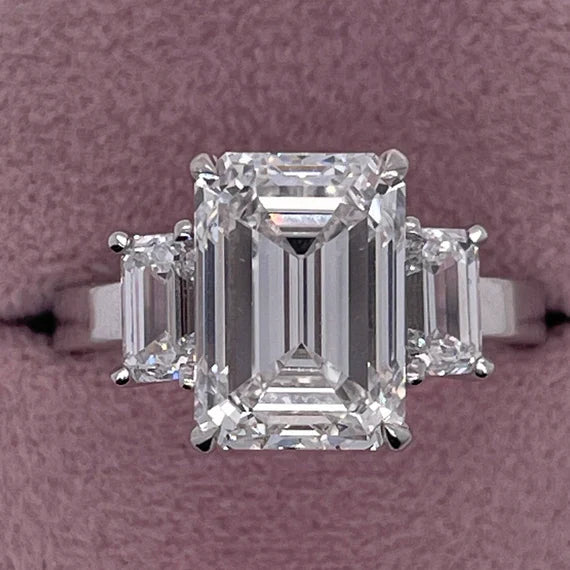 8.89 Ct Lab Grown Emerald Cut Diamond Three Stone Engagement Ring - Helodia Jewelry